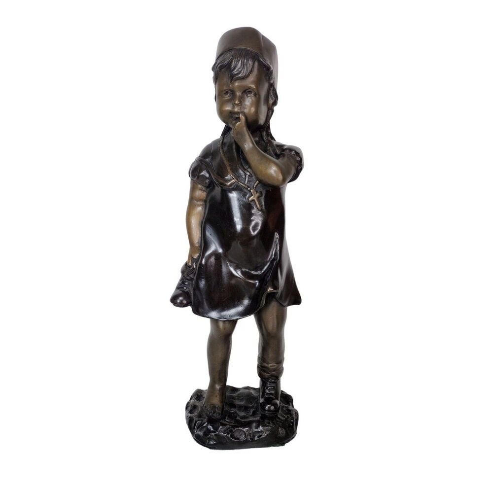 Antique Art Nouveau Juan Clara Style Bronze Girl Holding Shoe Realism Sculpture
